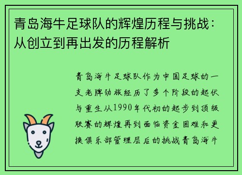 青岛海牛足球队的辉煌历程与挑战：从创立到再出发的历程解析