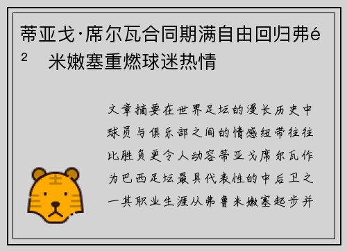 蒂亚戈·席尔瓦合同期满自由回归弗鲁米嫩塞重燃球迷热情