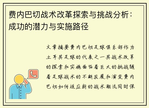 费内巴切战术改革探索与挑战分析：成功的潜力与实施路径